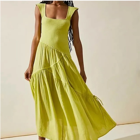 Free People Free-est Traveler Midi Square Neck Dress in Lime green Fits M - Picture 14 of 16